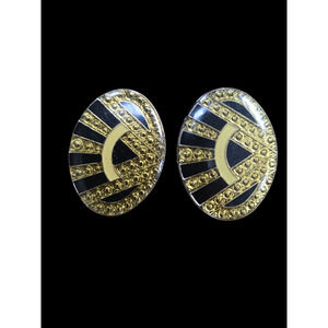 Vintage Art Deco Pierced Earrings, Gold & Black